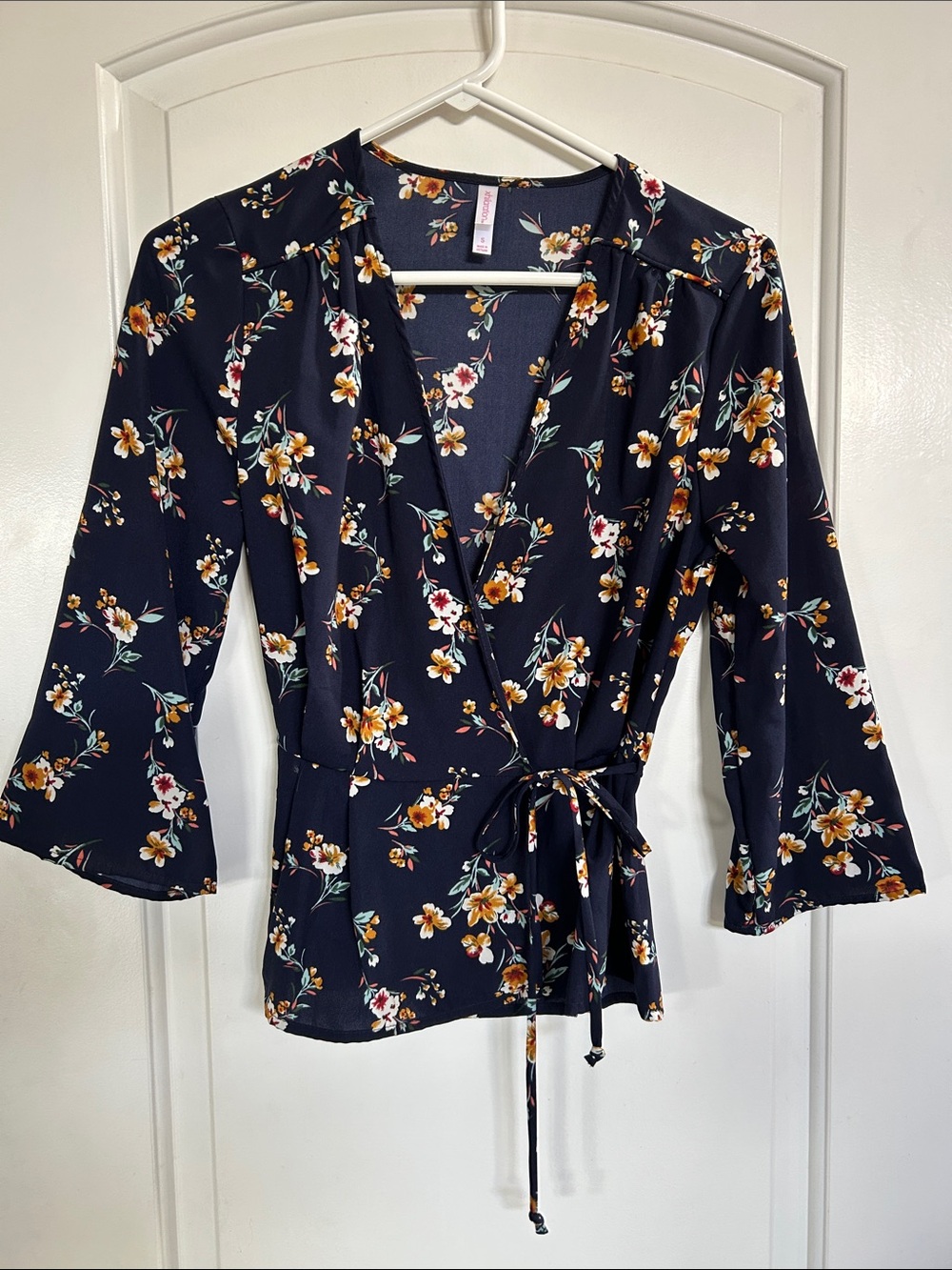 Xhilaration Navy Floral Tie-Waist Wrap Blouse